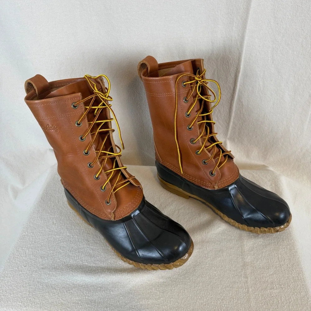Cabelas Mens 9 Leather Rubber Duck Boots Brown Black 82-0017 Steel Shank 11 Inch